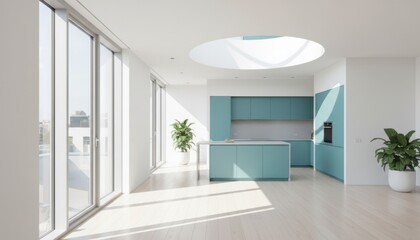 Fototapeta premium bright modern kitchen with skylight and teal cabinets showing contemporary interior design and clean living trend