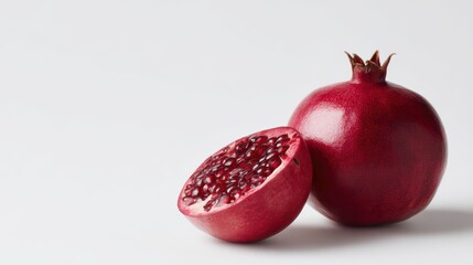whole pomegranate next to a sliced half, minimal white backdrop, high-detail fruit texture, isolated object