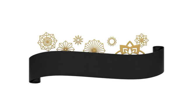 Elegant black ribbon banner with ornate golden mandala decorations, perfect for festive event designs and luxury invitations and greetings