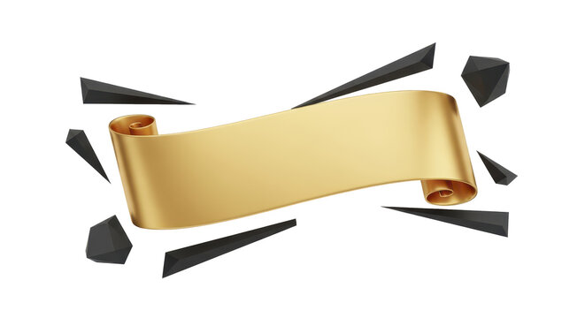 Luxurious 3D golden scroll banner with dynamic abstract shapes, an elegant blank template for titles, awards, or celebratory announcements