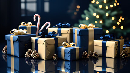 Christmas Gift boxes in Navy and Gold with Pine Cones and Candy Cane