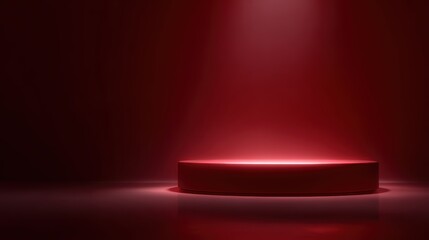 3D rendered dark red podium, illuminated with subtle lights, reflective floor, futuristic high-tech scene