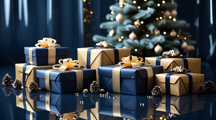 Christmas Gift boxes in Navy and Gold with Pine Cones and Candy Cane