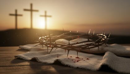Crown of thorn with three cross in sunset light showing christian symbol and easter reflection