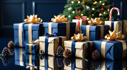 Christmas Gift boxes in Navy and Gold with Pine Cones and Candy Cane