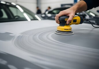 Professional mechanic hands sanding gray car hood with yellow power tool in auto body shop.
