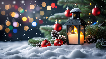 Christmas Lantern on Snow with Pine Branches, Red Ornaments, Pinecones and Bokeh Lights