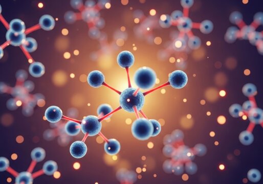 Abstract 3d rendering of a molecular structure with blue atoms and red bonds, set against a bokeh background of orange lights