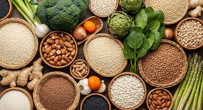 Abundant variety of healthy grains vegetables nuts and legumes in woven baskets