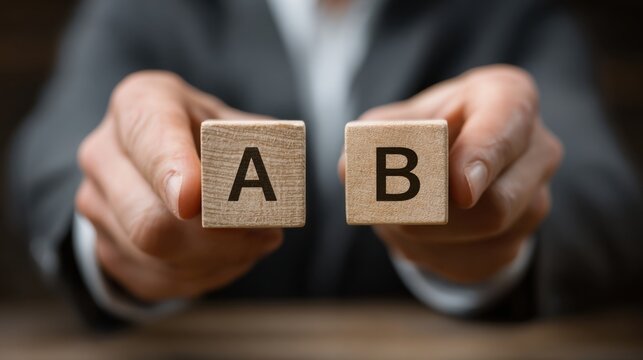 Hand holding wooden blocks with letters A and B