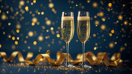 New Year Champagne Toast with Sparkling Bubbles and Golden Ribbons Against Dark Blue Bokeh Background