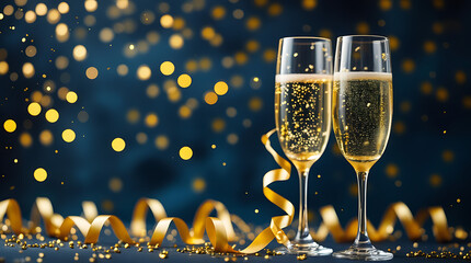 New Year Champagne Toast with Sparkling Bubbles and Golden Ribbons Against Dark Blue Bokeh Background