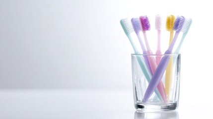 set of colorful toothbrushes in a glass, bathroom setting, clean white background, oral care concept