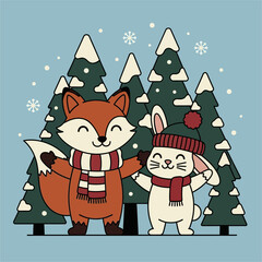Festive Fox and Rabbit in Winter Wonderland Illustration.