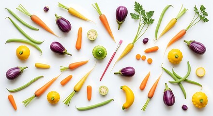 Vibrant assortment of fresh vegetables artfully arranged on a white background