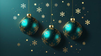 Christmas Ornament balls Hanging on Gold Strings with Snowflakes and Glowing Lights