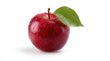 fresh red apple with green leaf, isolated on white background, vibrant and detailed, clipping path