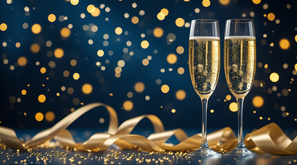 New Year Champagne Toast with Sparkling Bubbles and Golden Ribbons Against Dark Blue Bokeh Background