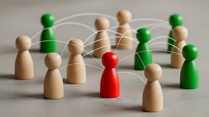 A red wooden figure stands out as a central leader, connecting a diverse network of people in a team structure
