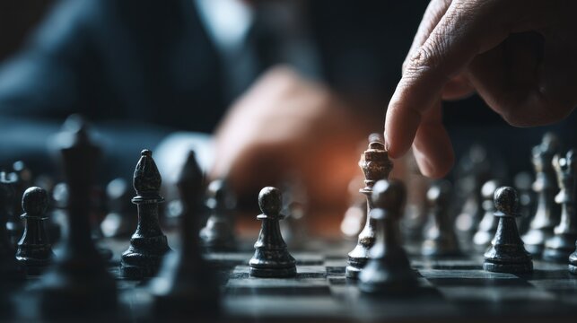 Hand moves chess piece on board strategic thinking