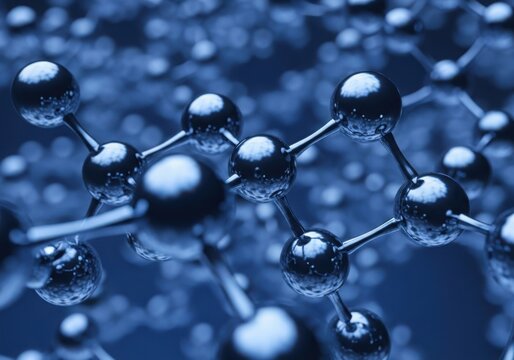Abstract molecular structure with metallic spheres connected by rods, representing scientific research and chemical bonds in a deep blue hue