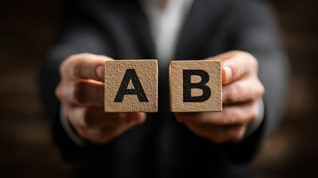 Hands holding wooden blocks with letters A and B - Powered by Adobe