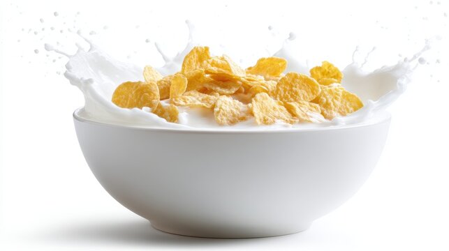 corn flakes with dynamic milk splash in a white bowl, isolated on pure white background, clean product shot, clipping-path ready