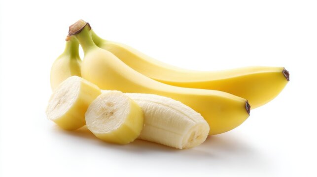 ripe banana arranged with sliced sections, isolated on white background, crisp studio lighting, clipping-path ready