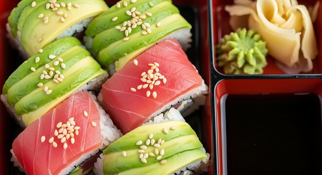 Deliciously fresh tuna and avocado sushi rolls with sesame seeds and wasabi