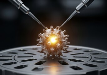 Microscopic view of a virus particle being analyzed by scientific probes in a laboratory setting, representing research and development
