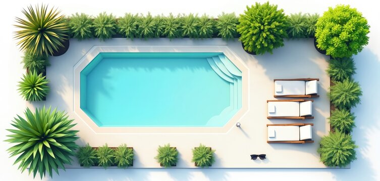 Top shot displays blue pool with loungers. Green plants line pool. Landscape design features nature, pool. Tropical garden architecture with sunbeds. Sunglasses lying near swimming pool deck shows
