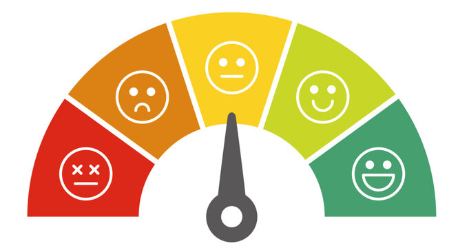 満足度メーターと顔のアイコン。評価やレビュー、アンケートなど。進捗やレベルに応じた表情。