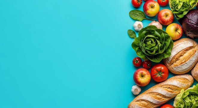 Fresh assortment of vegetables and artisan bread on a vibrant blue background