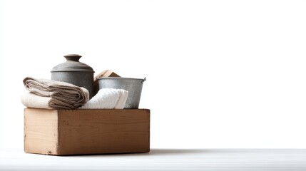 box of second-hand items, assorted household goods for yard sale or charity, isolated on white background, room for text