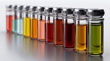 A row of laboratory bottles containing colorful liquids for pharmaceutical testing