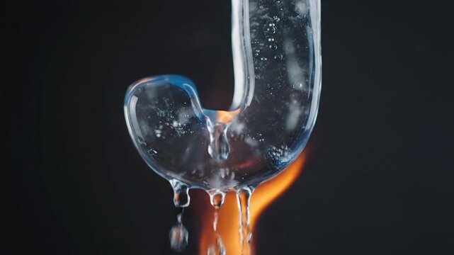 Transparent Letter J Melting Over Flame with Water Drops Against Dark Background