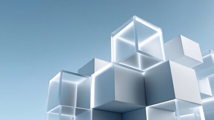 Abstract 3D geometric cubes arrangement with soft glowing edges on blue background