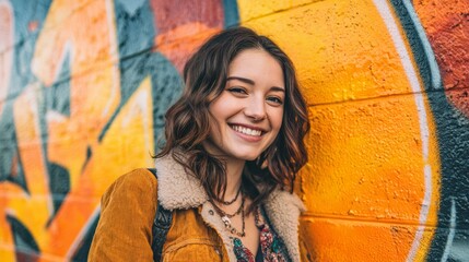 Woman standing in front of colorful graffiti wall with urban background and street art