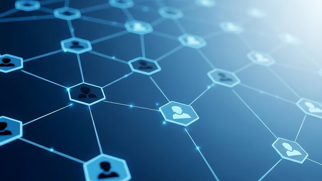 The abstract concept of a global human network, illustrating interconnected profiles for business, social media, and community building