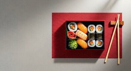Obraz premium Delicious assortment of sushi rolls and nigiri served on a red placemat