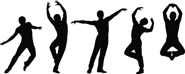 Dance silhouettes, expressive poses, graceful movement, black outline, performance gesture, body motion, choreography stance, posture study, artistic energy, rhythm form