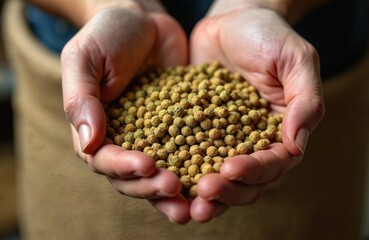 A brewer holds dried hop pellets in hands for craft beer. Natural ingredient for alcohol production at brewery. Aromatic plant granules ready for brewing.