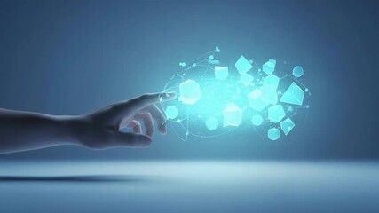 Abstract futuristic concept showing a person's finger interacting with a glowing digital network of interconnected cubes and geometric shapes. Representing data. Innovation. And blockchain technology - Powered by Adobe