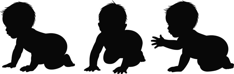 Crawling baby silhouettes, infant motion, developmental pose, black outline, motor skills, toddler gesture, growth stage, posture study, movement arc, child mobility