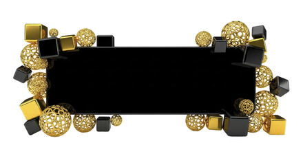 Luxurious conceptual abstract design featuring an arrangement of shimmering gold and sleek black geometric elements framing a central blank banner for sophisticated messaging