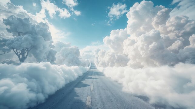A road stretches into the distance flanked by clouds, trees, and sky, creating ethereal beauty.
