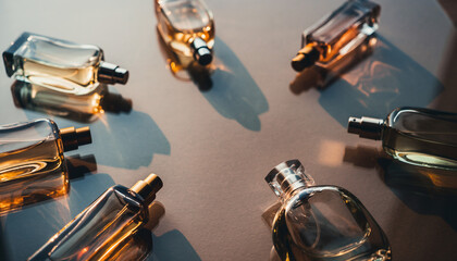 Sophisticated fragrance collection artfully arranged, conveying luxury lifestyle and refined elegance, perfect for beauty and fashion marketing campaigns