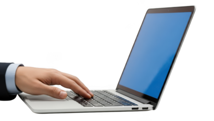 Person typing on a laptop with a blue screen