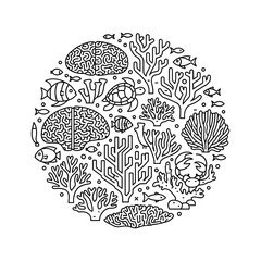 Black and white line art circle illustration of brain and coral reef life © AfsanaStock