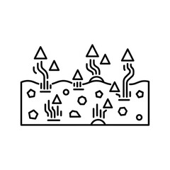Fototapeta premium Line icon illustrating soil erosion process with water runoff and particle loss isolated on